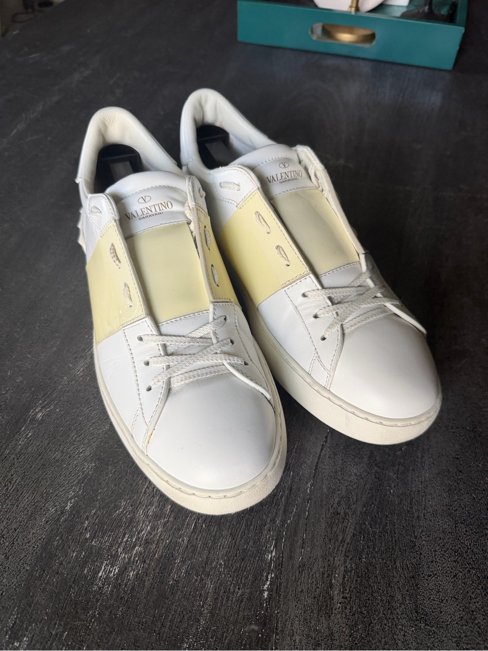 Valentino Men’s White Leather Sneakers with Pale Yellow Panel